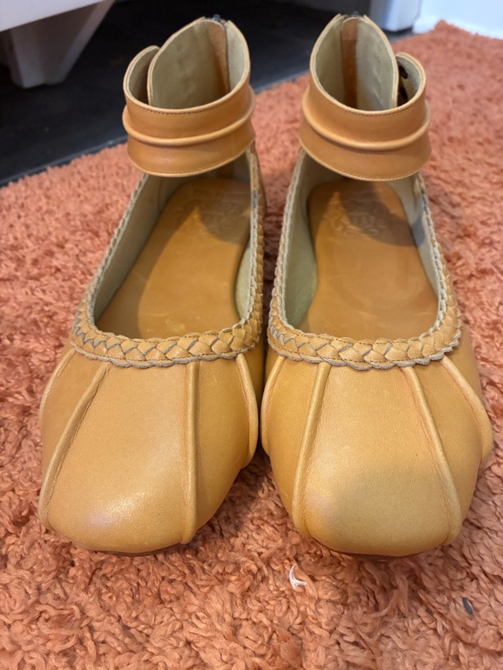 ELF Braided Ankle-Strap Ballet Flats Tan/Mustard. Gorgeous hand made & leather!